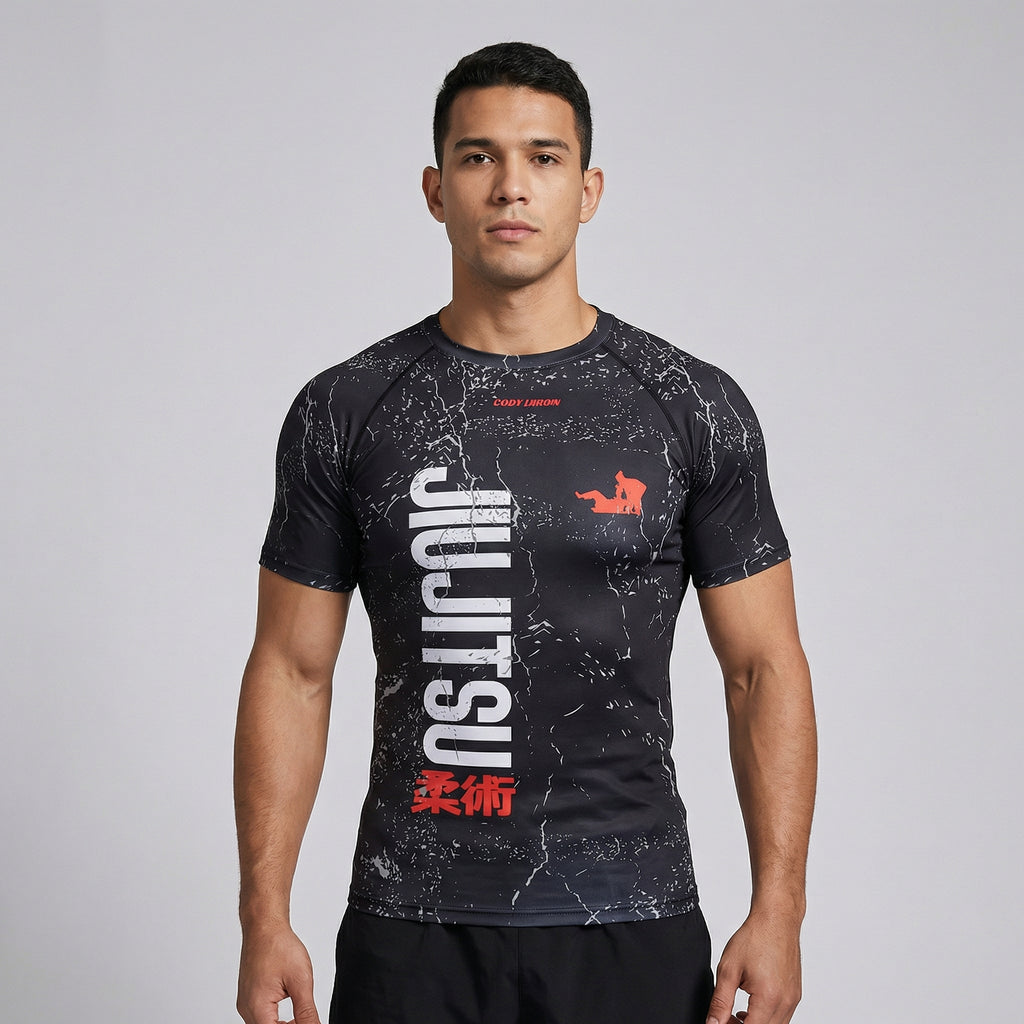 Jiu Jitsu Kanji BJJ Rash Guard | Short Sleeve Compression Top For No-Gi Grappling