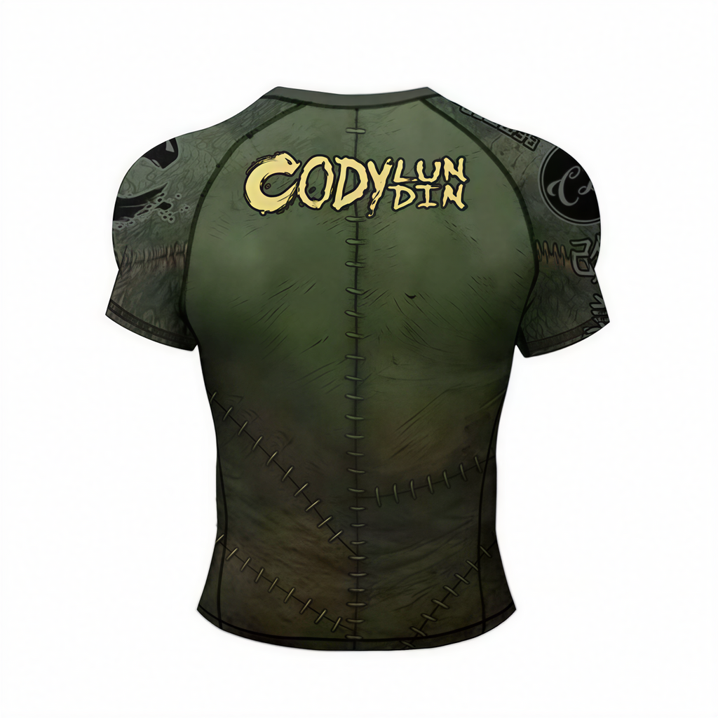 Green BJJ rash guard with branding on a white background