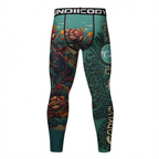 Compression leggings with floral design and brand logo on a white background